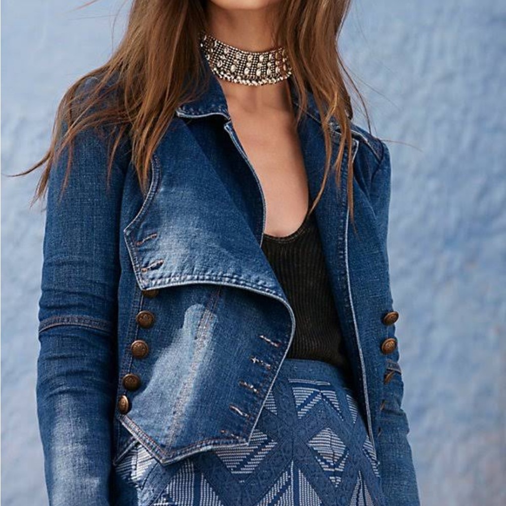 Free People Denim Military Band Jacket Double Breasted Blue Jean XS